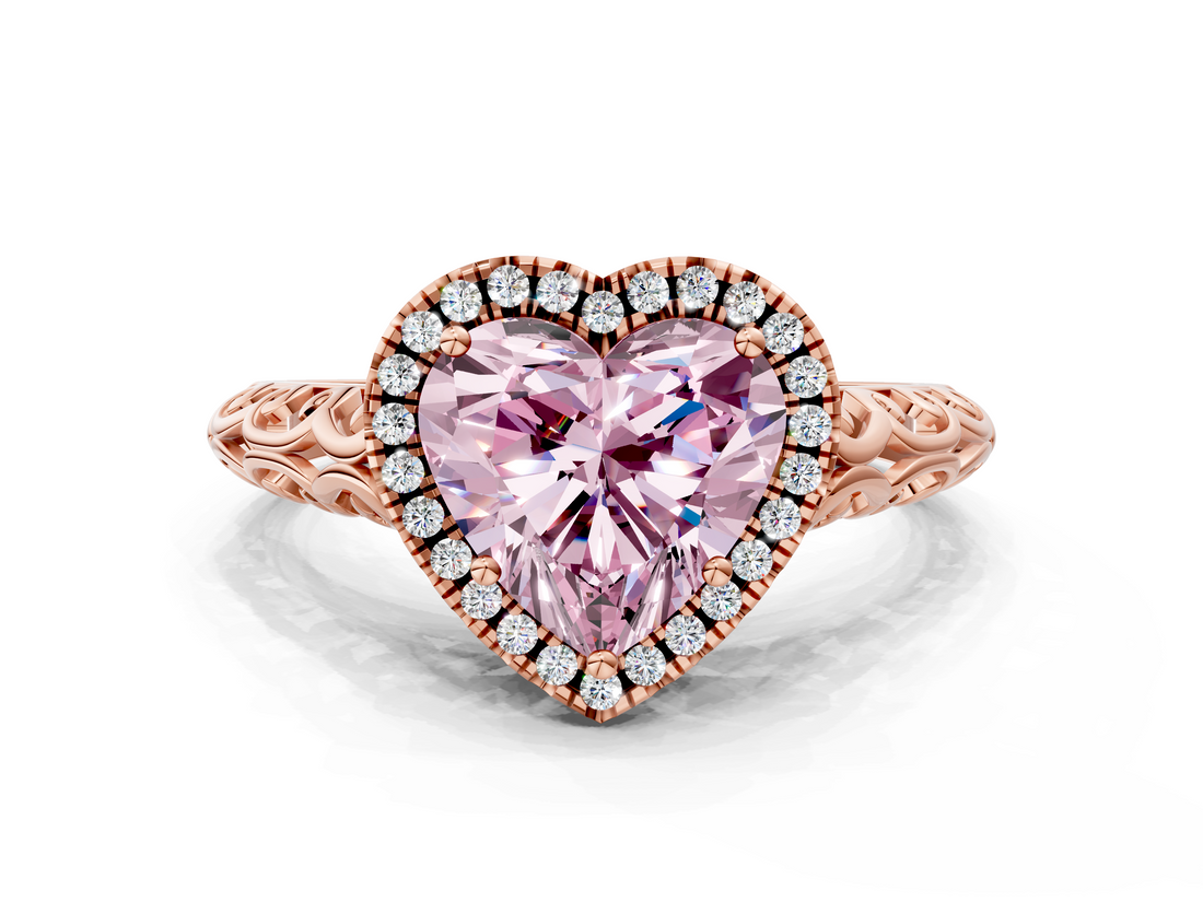 Rose gold Fancy Pink Heart  Halo Diamond Engagement Ring with Intricate Filigree Band and Four-Prong Setting_36