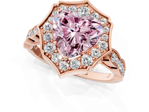 Rose gold Fancy Pink Heart  Halo Diamond Engagement Ring with Milgrain Band and Four-Prong Setting