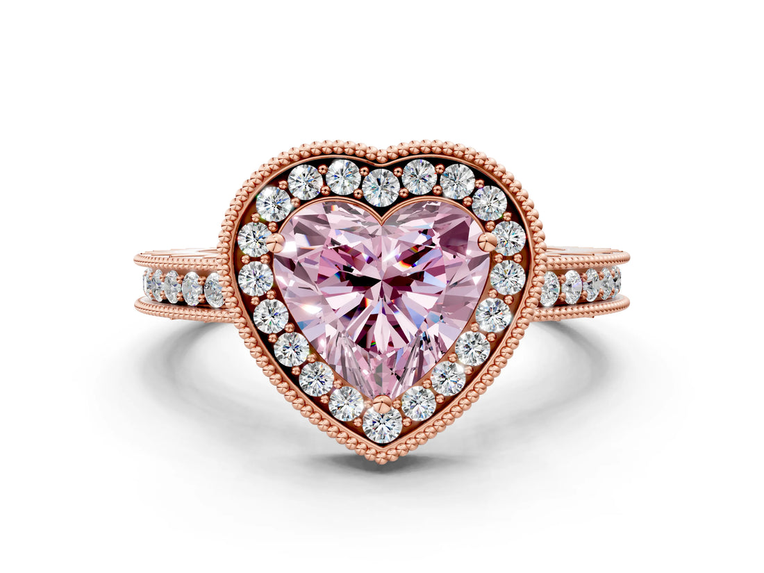 Rose gold Fancy Pink Heart  Halo Diamond Engagement Ring with Milgrain Pave Band and Four-Prong Setting_39