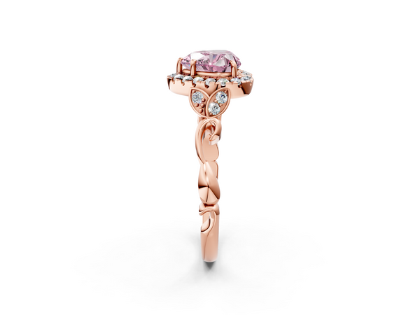 Rose gold Fancy Pink Heart  Halo Diamond Engagement Ring with Vintage-Inspired Band and Four-Prong Setting