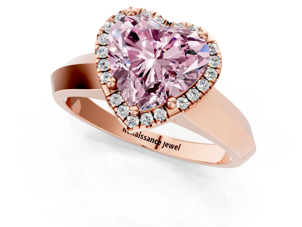 Rose gold Fancy Pink Heart  Halo Diamond Ring with Cathedral Band and Four-Prong Setting