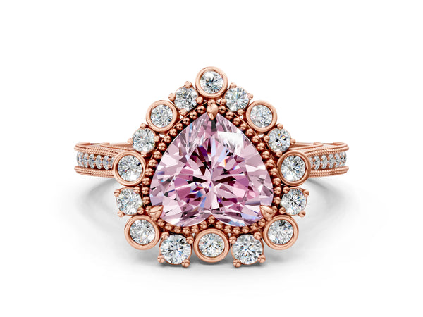 Rose gold Fancy Pink Heart  Halo Milgrain Pave Diamond Ring with Four-Prong Setting