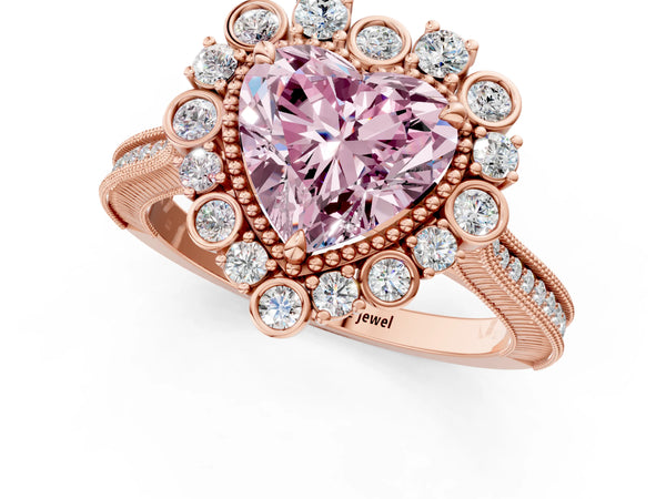 Rose gold Fancy Pink Heart  Halo Milgrain Pave Diamond Ring with Four-Prong Setting