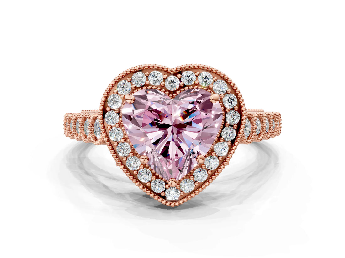 Rose gold Fancy Pink Heart  Halo Milgrain Solitaire with Bezel Set Side Stones and Pave Band_32