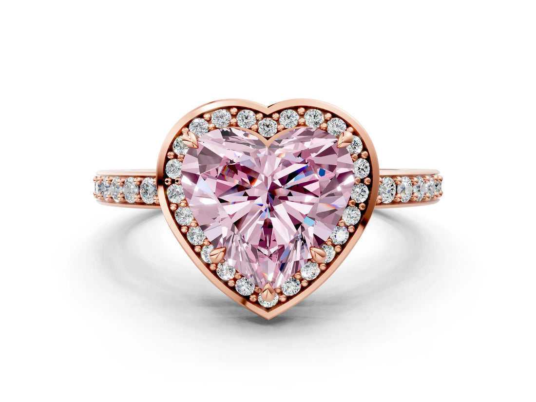Rose gold Fancy Pink Heart  Halo Pave Band Solitaire Ring with Prong Setting_66
