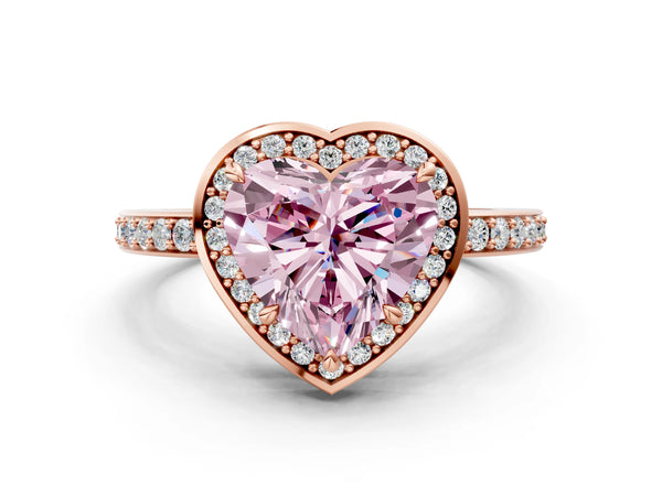 Rose gold Fancy Pink Heart  Halo Pave Band Solitaire Ring with Prong Setting