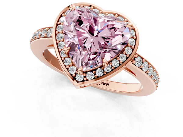Rose gold Fancy Pink Heart  Halo Pave Band Solitaire Ring with Prong Setting