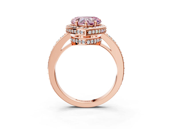 Rose gold Fancy Pink Heart  Halo Pave Band Solitaire Ring with Prong Setting