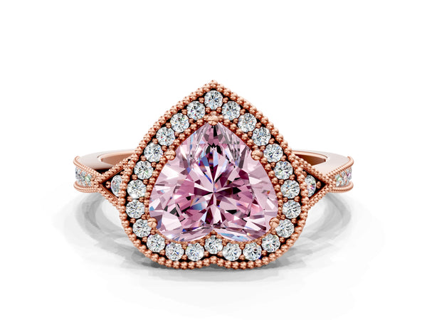 Rose gold Fancy Pink Heart  Halo Round Diamond Milgrain Pave Engagement Ring