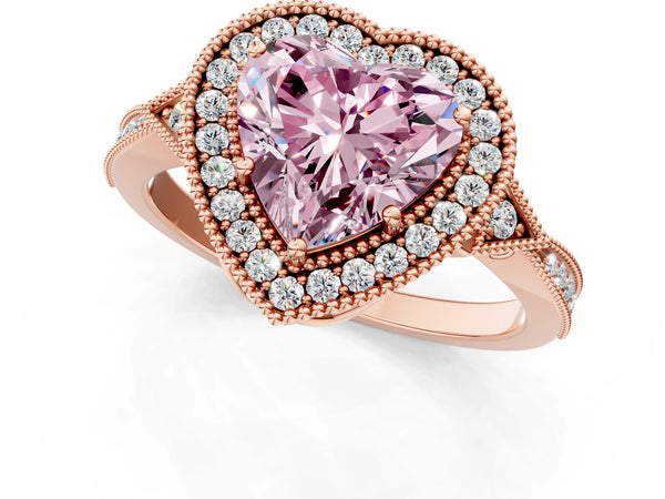 Rose gold Fancy Pink Heart  Halo Round Diamond Milgrain Pave Engagement Ring