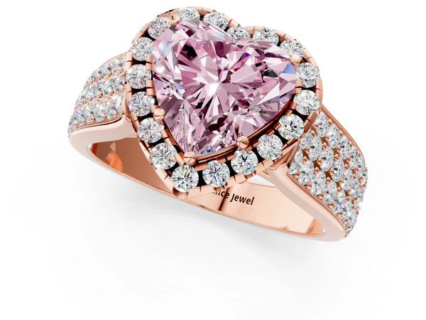 Rose gold Fancy Pink Heart  Halo Round Diamond Pave Band with Prong Setting