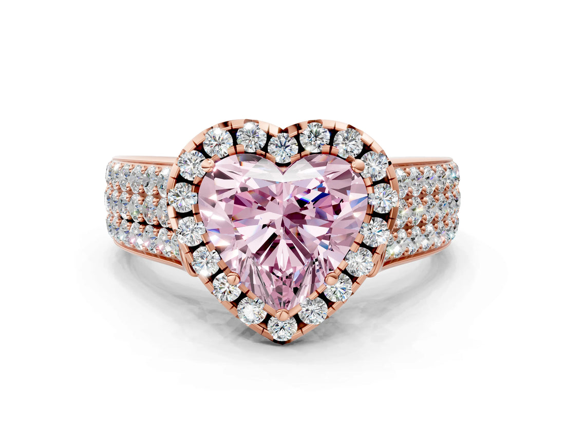 Rose gold Fancy Pink Heart  Halo Round Diamond Pave Band with Prong Setting