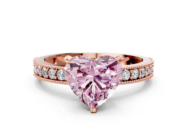Rose gold Fancy Pink Heart Cut Diamond Milgrain Pavé Engagement Ring with Four-Prong Setting