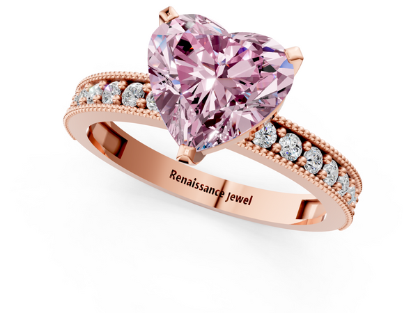 Rose gold Fancy Pink Heart Cut Diamond Milgrain Pavé Engagement Ring with Four-Prong Setting