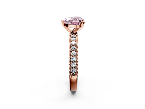 Rose gold Fancy Pink Heart Cut Diamond Milgrain Pavé Engagement Ring with Four-Prong Setting