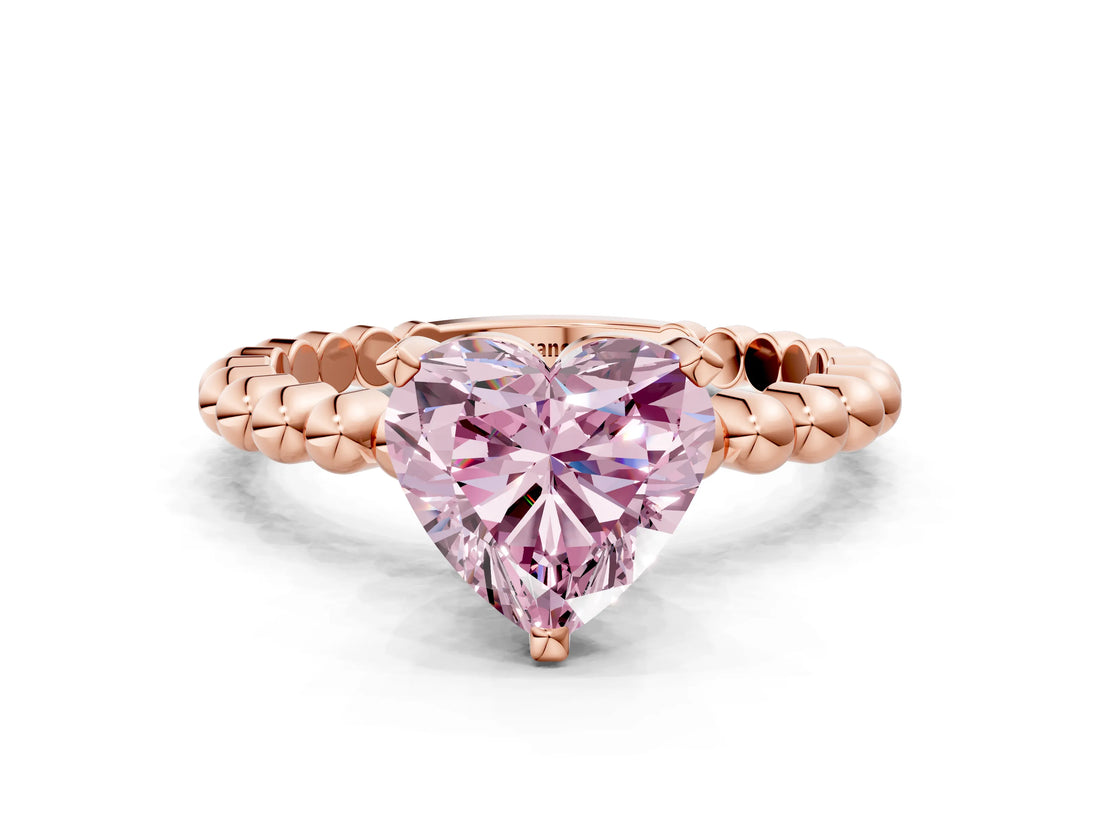Rose gold Fancy Pink Heart  Solitaire Beaded Band Prong Setting Ring