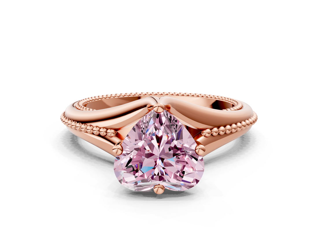 Rose gold Fancy Pink Heart  Solitaire Beaded Band Six-Prong Setting