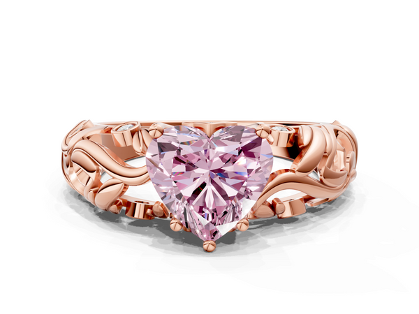Rose gold Fancy Pink Heart Cut Solitaire Diamond Leaf-Inspired Vine Band Ring with Prong Setting