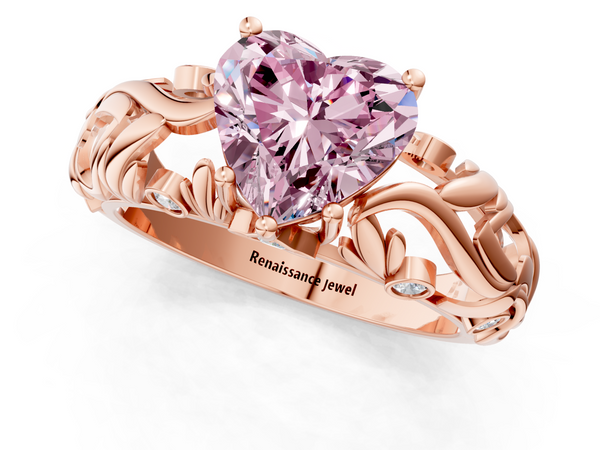 Rose gold Fancy Pink Heart Cut Solitaire Diamond Leaf-Inspired Vine Band Ring with Prong Setting