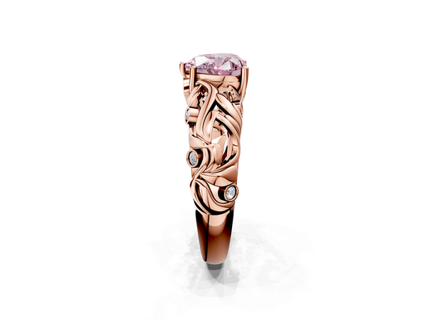 Rose gold Fancy Pink Heart Cut Solitaire Diamond Leaf-Inspired Vine Band Ring with Prong Setting