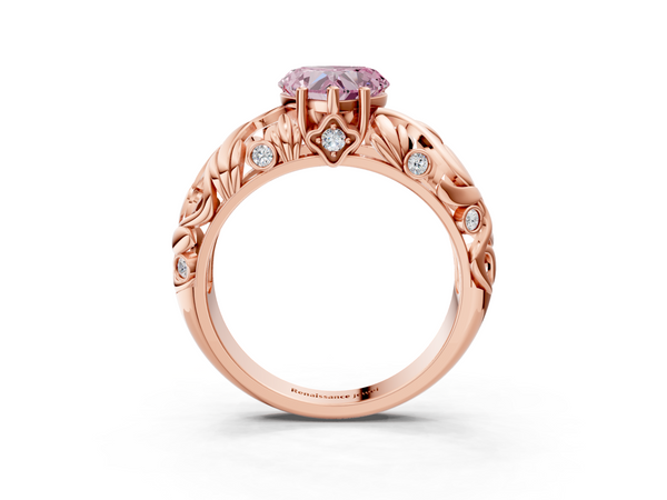 Rose gold Fancy Pink Heart Cut Solitaire Diamond Leaf-Inspired Vine Band Ring with Prong Setting