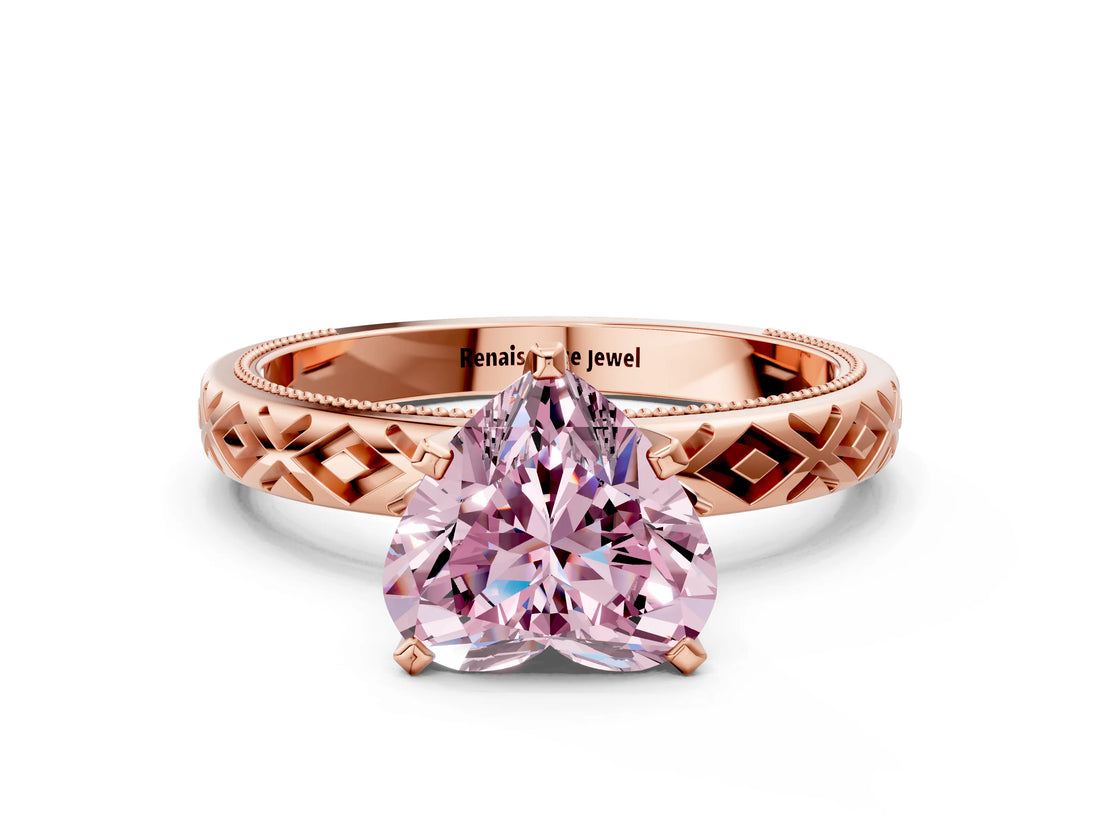 Rose gold Fancy Pink Heart  Solitaire Diamond Ring with Milgrain and Black Enamel X Pattern Band_154