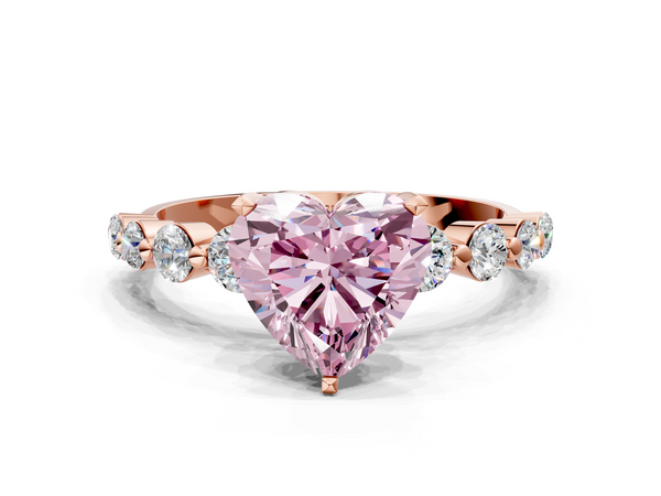 Rose gold Fancy Pink Heart Cut Solitaire Diamond Ring with Pave Band and Four-Prong Setting