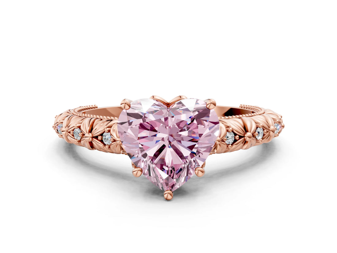 Rose gold Fancy Pink Heart  Solitaire Floral Milgrain Engagement Ring_31