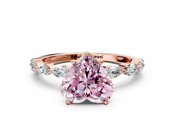 Rose gold Fancy Pink Heart Cut Diamond Ring with Marquise Side Stones and Prong Setting
