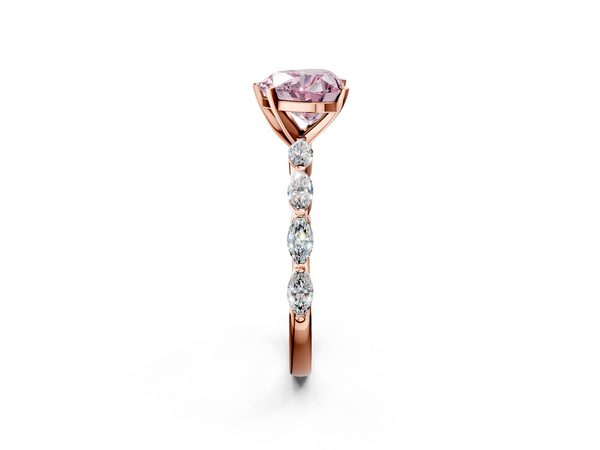 Rose gold Fancy Pink Heart Cut Diamond Ring with Marquise Side Stones and Prong Setting