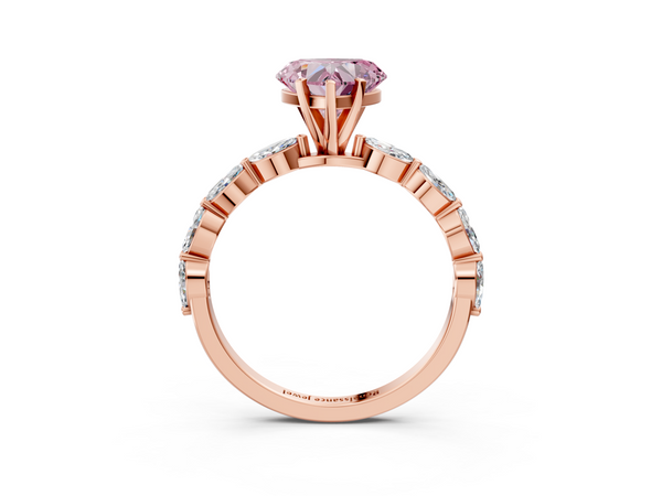 Rose gold Fancy Pink Heart Cut Diamond Ring with Marquise Side Stones and Prong Setting