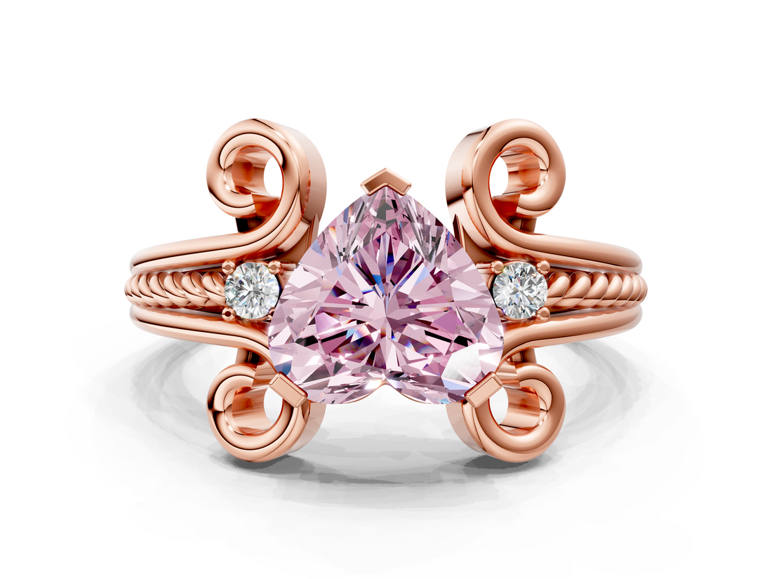Rose gold Fancy Pink Heart  Solitaire Twisted Band Scroll Prong Ring_3