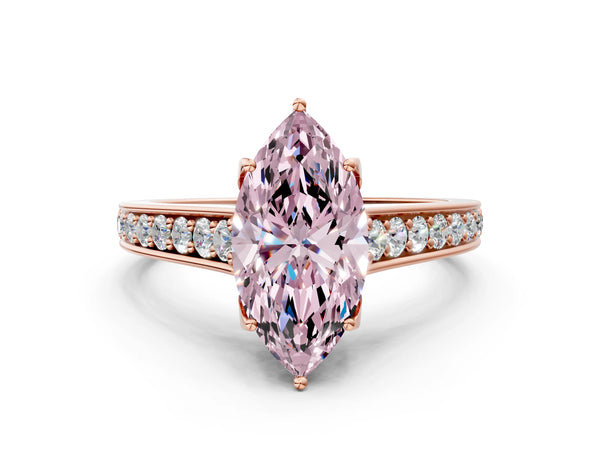 Rose gold Fancy Pink Marquise  Brilliant Cut Diamond Engagement Ring with Pavé Band and Four-Prong Setting