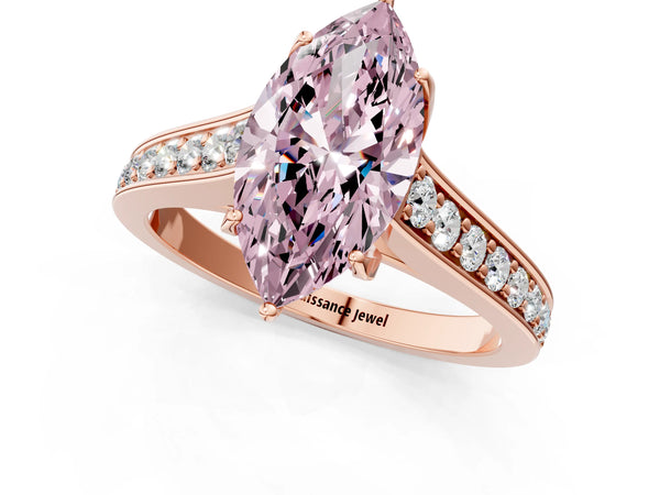 Rose gold Fancy Pink Marquise  Brilliant Cut Diamond Engagement Ring with Pavé Band and Four-Prong Setting