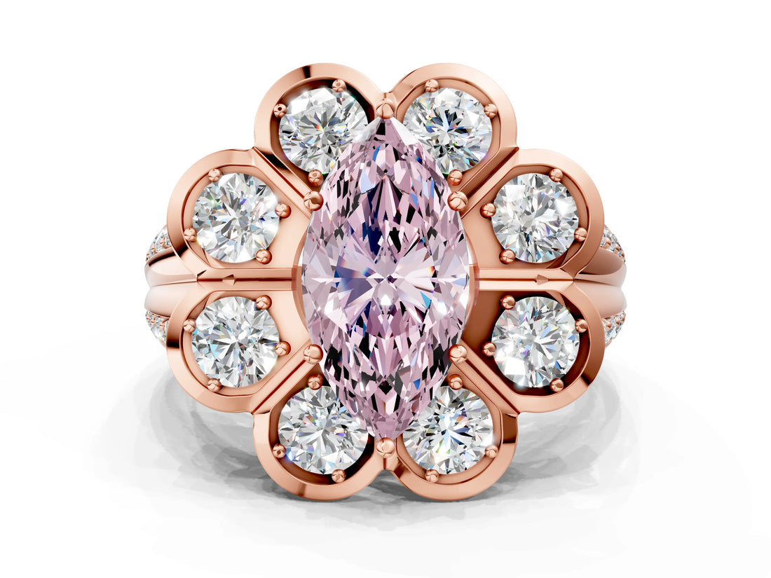 Rose gold Fancy Pink Marquise  Brilliant Flower Halo Diamond Split Shank Ring_27