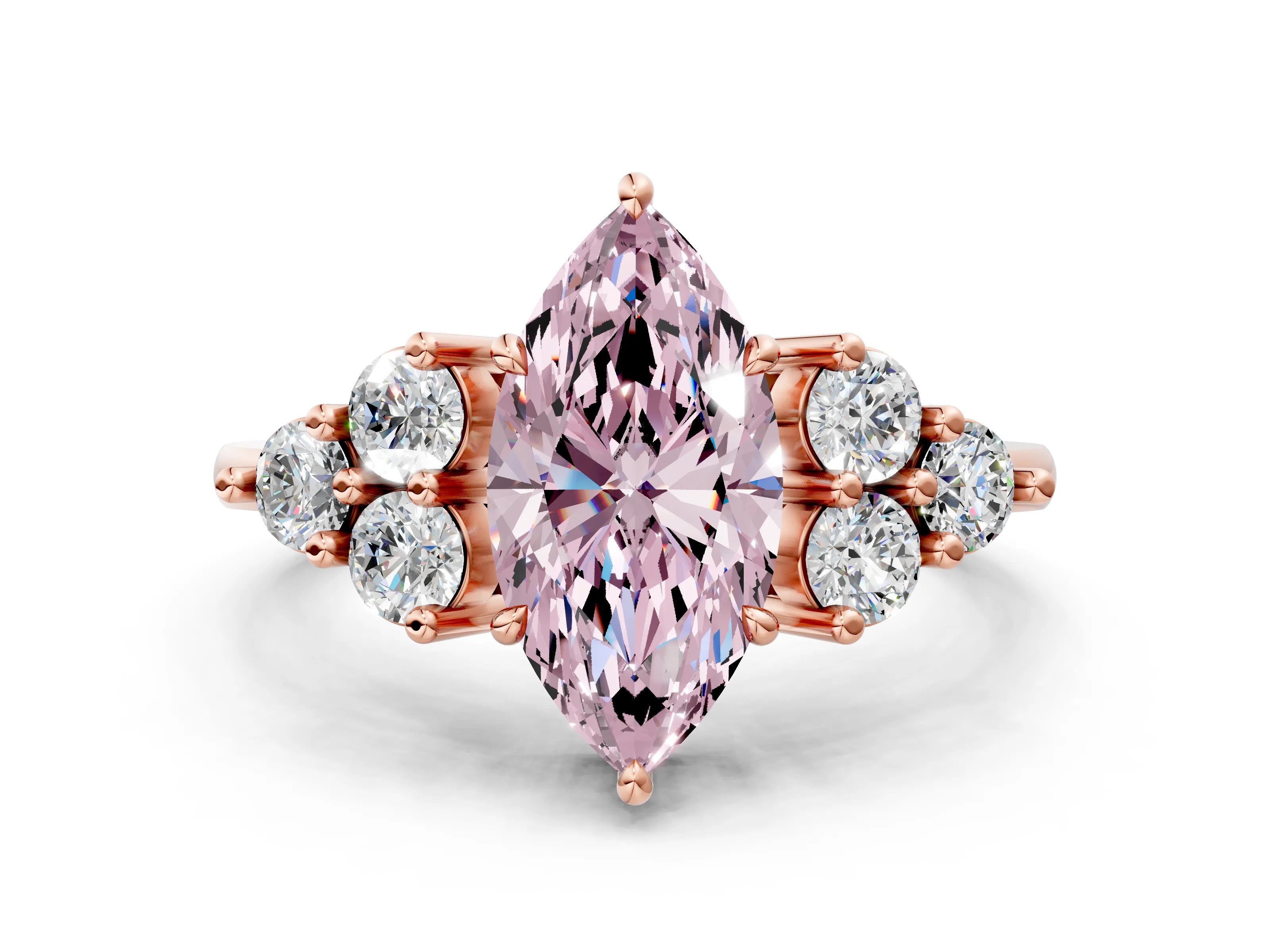 Rose gold Fancy Pink Marquise Cut Brilliant Diamond Cluster Accent Solitaire Ring with Prong Setting