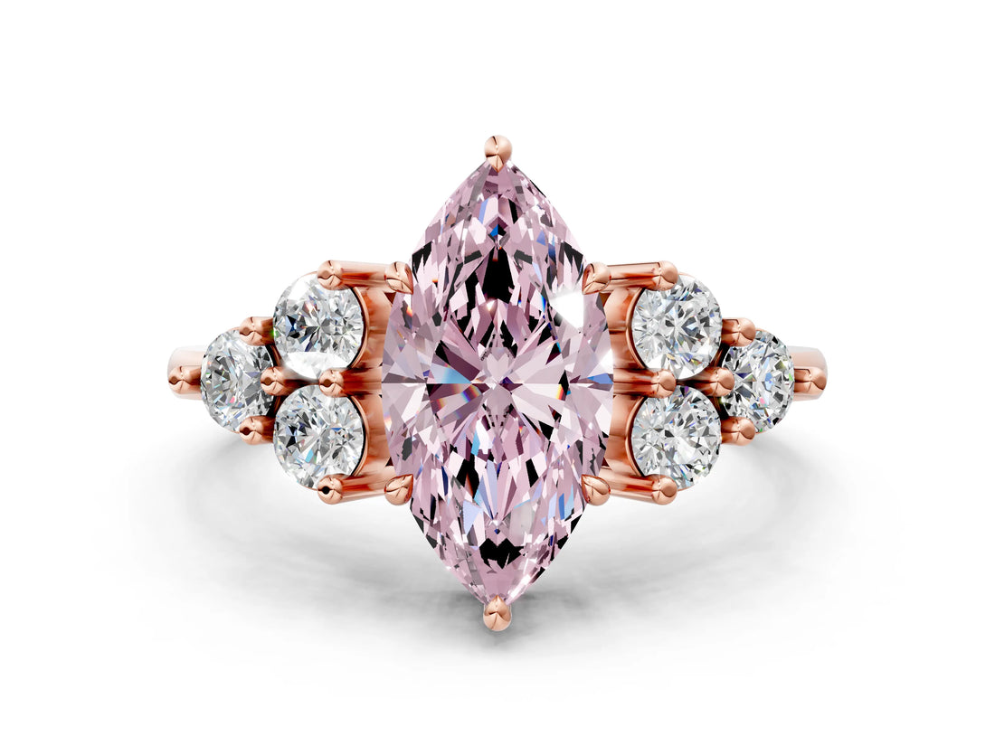 Rose gold Fancy Pink Marquise Cut Brilliant Diamond Cluster Accent Solitaire Ring with Prong Setting