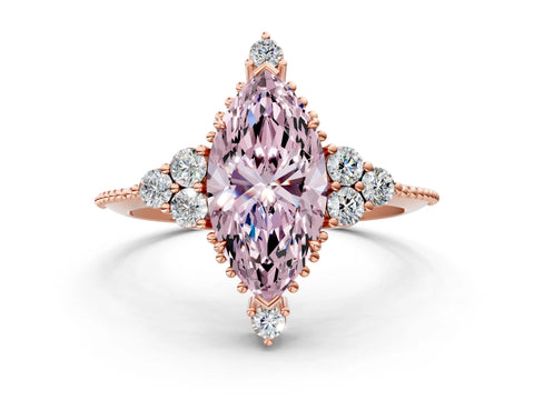Rose gold Fancy Pink Marquise Cut Brilliant Diamond with Cluster Setting on a Beaded Band and Four-Prong Setting