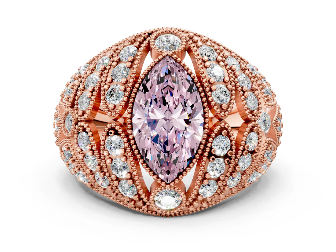 Rose gold Fancy Pink Marquise Cut Brilliant Halo Pave Diamond Milgrain Ring
