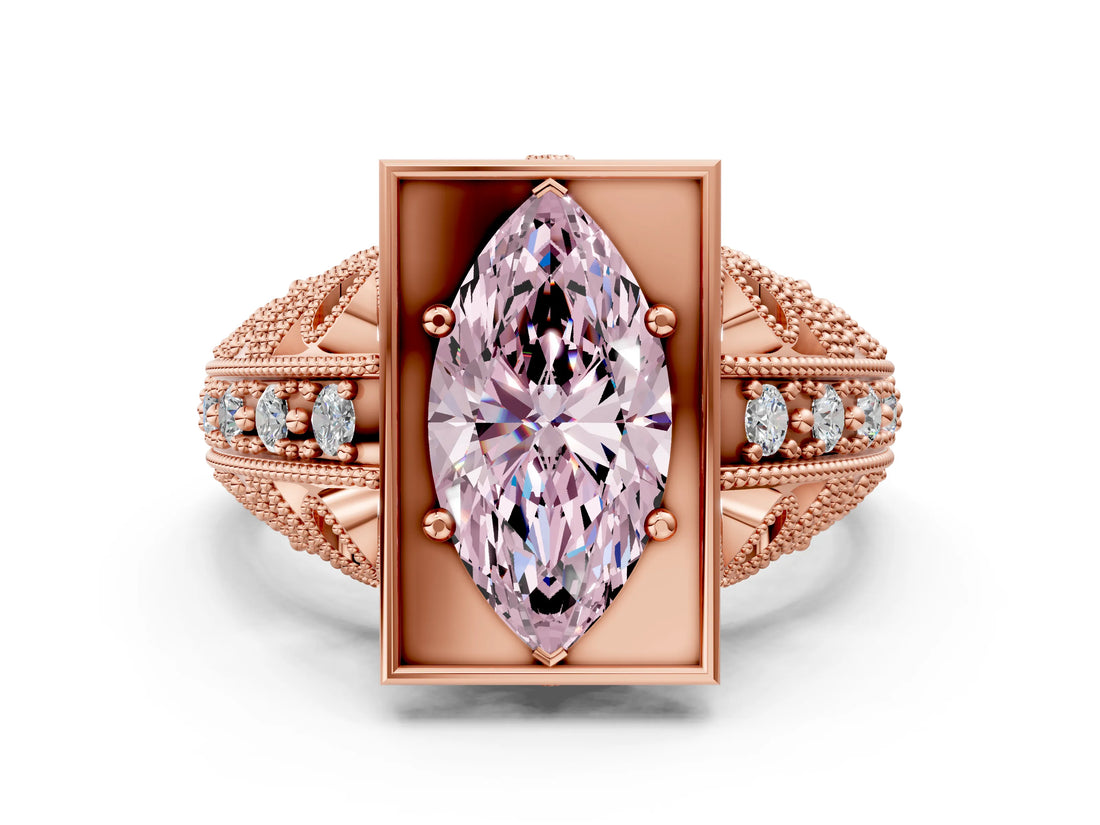 Rose gold Fancy Pink Marquise Cut Brilliant Milgrain Filigree Diamond Ring with Square Prong Setting