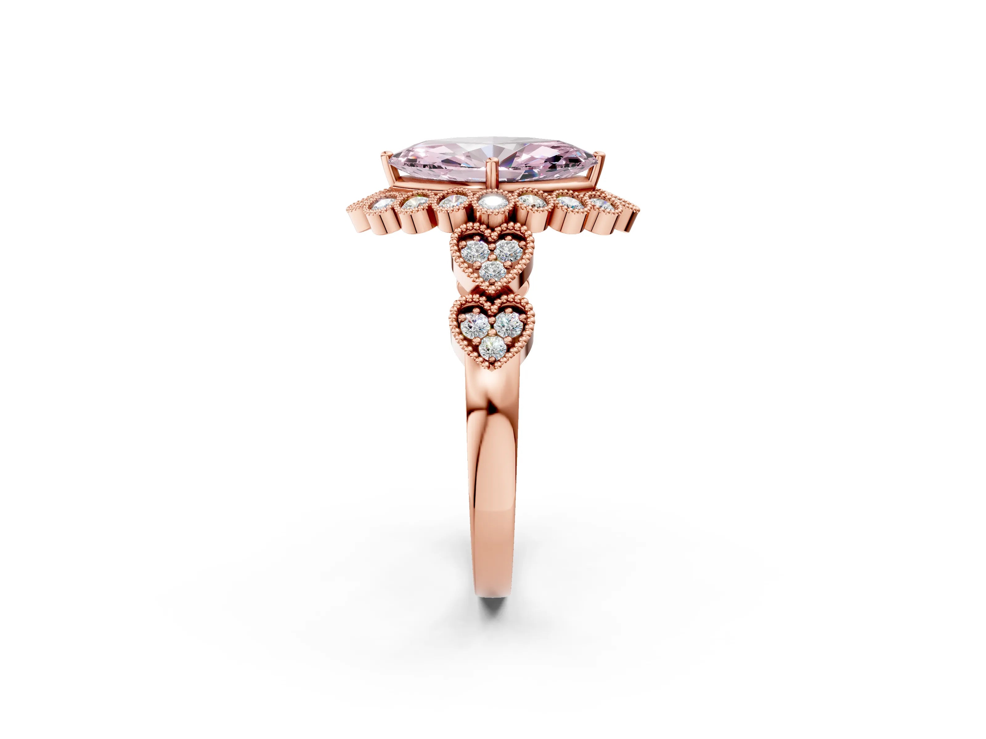 Rose gold Fancy Pink Marquise Cut Brilliant Milgrain Pave Heart Band Solitaire Ring_2