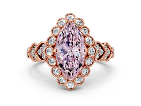 Rose gold Fancy Pink Marquise Cut Brilliant Milgrain Pave Heart Band Solitaire Ring