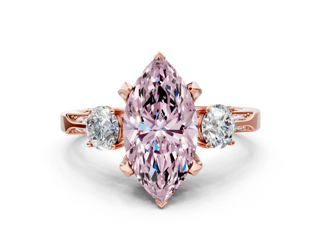 Rose gold Fancy Pink Marquise Cut Brilliant Three-Stone Diamond Ring with Pavé Band and Four-Prong Setting_3