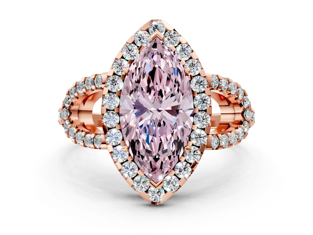 Rose gold Fancy Pink Marquise Cut Cut Diamond Halo Engagement Ring with Open Split Pavé Band