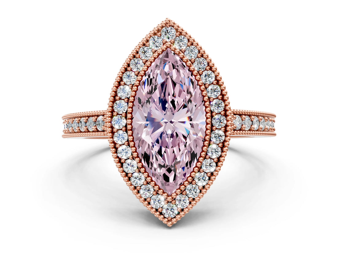 Rose gold Fancy Pink Marquise Cut-Cut Diamond Halo Engagement Ring with Pave Band and Prong Setting