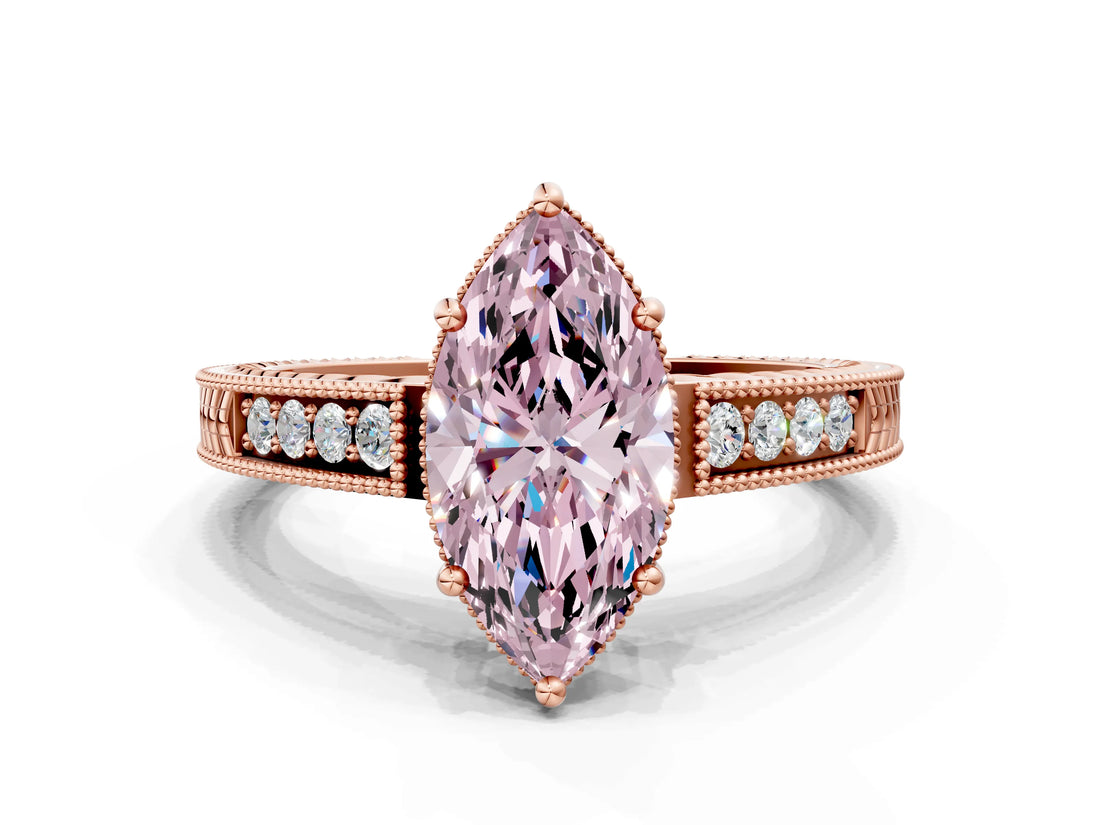 Rose gold Fancy Pink Marquise Cut Cut Diamond Milgrain Pave Band Four-Prong Setting Ring_3