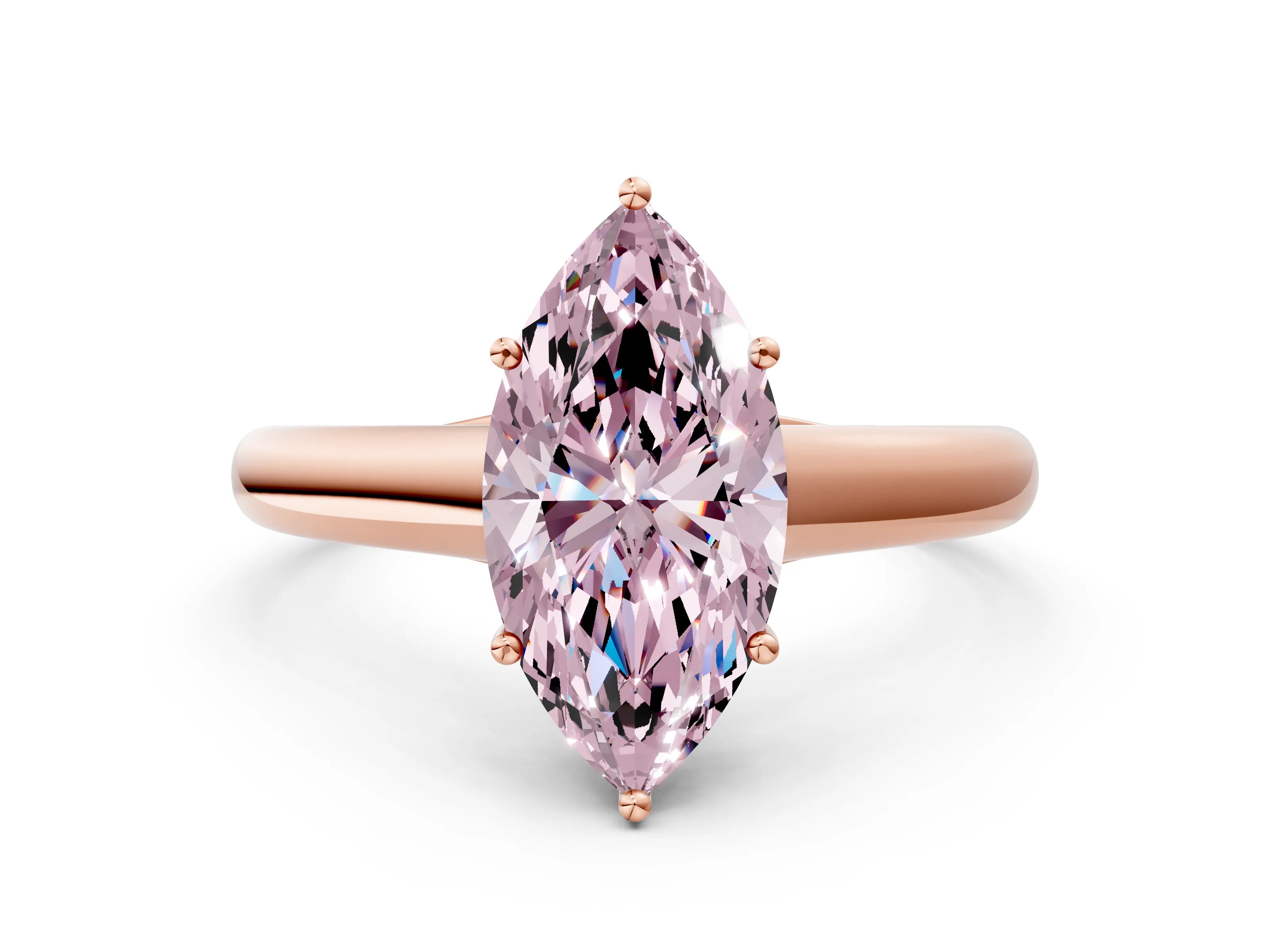 Rose gold Fancy Pink Marquise Cut Cut Diamond Solitaire Engagement Ring with Tapered Plain Band and Four-Prong Setting