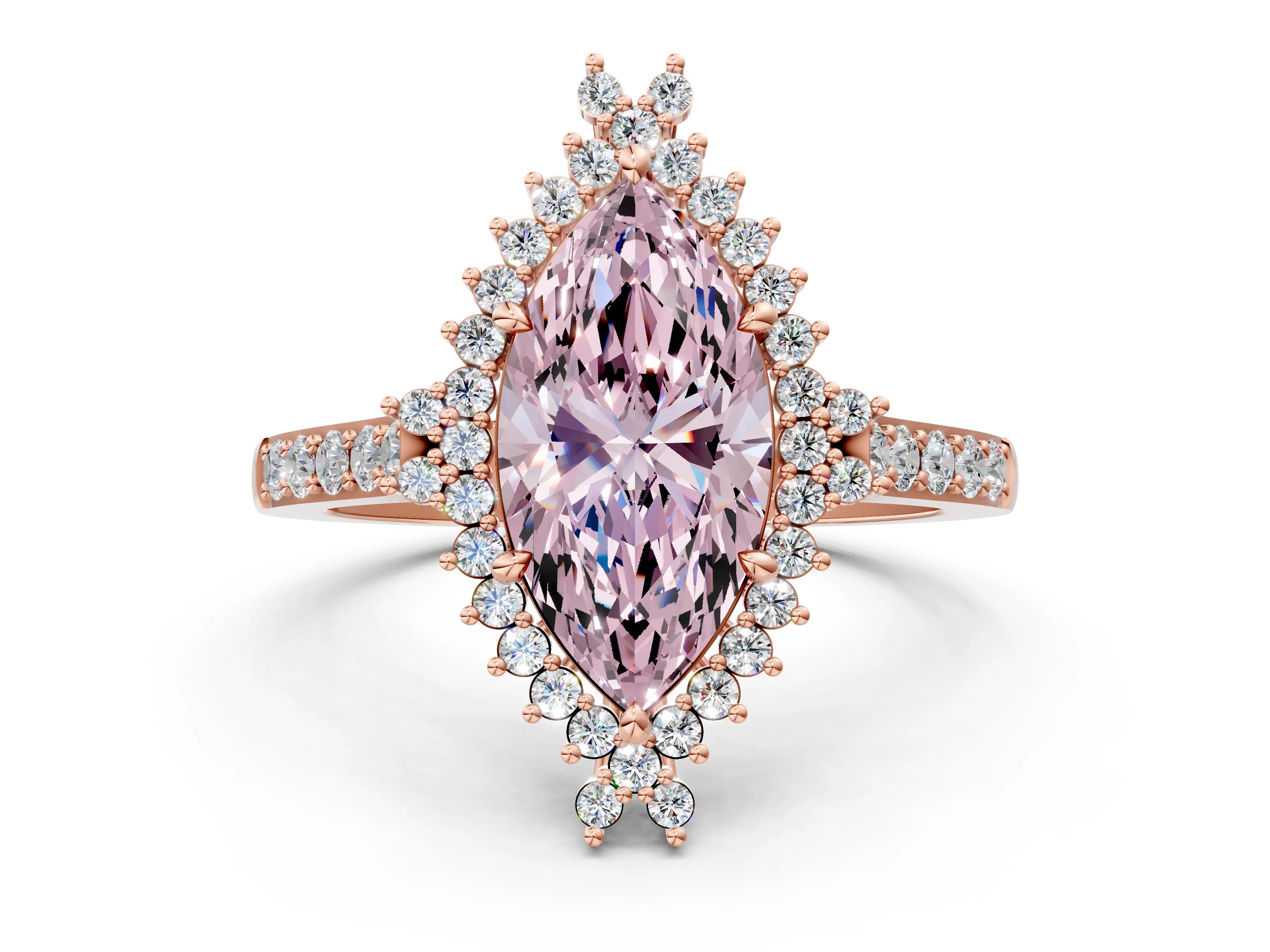 Rose gold Fancy Pink Marquise Cut Cut Diamond Sunburst Halo Engagement Ring with Pavé Band