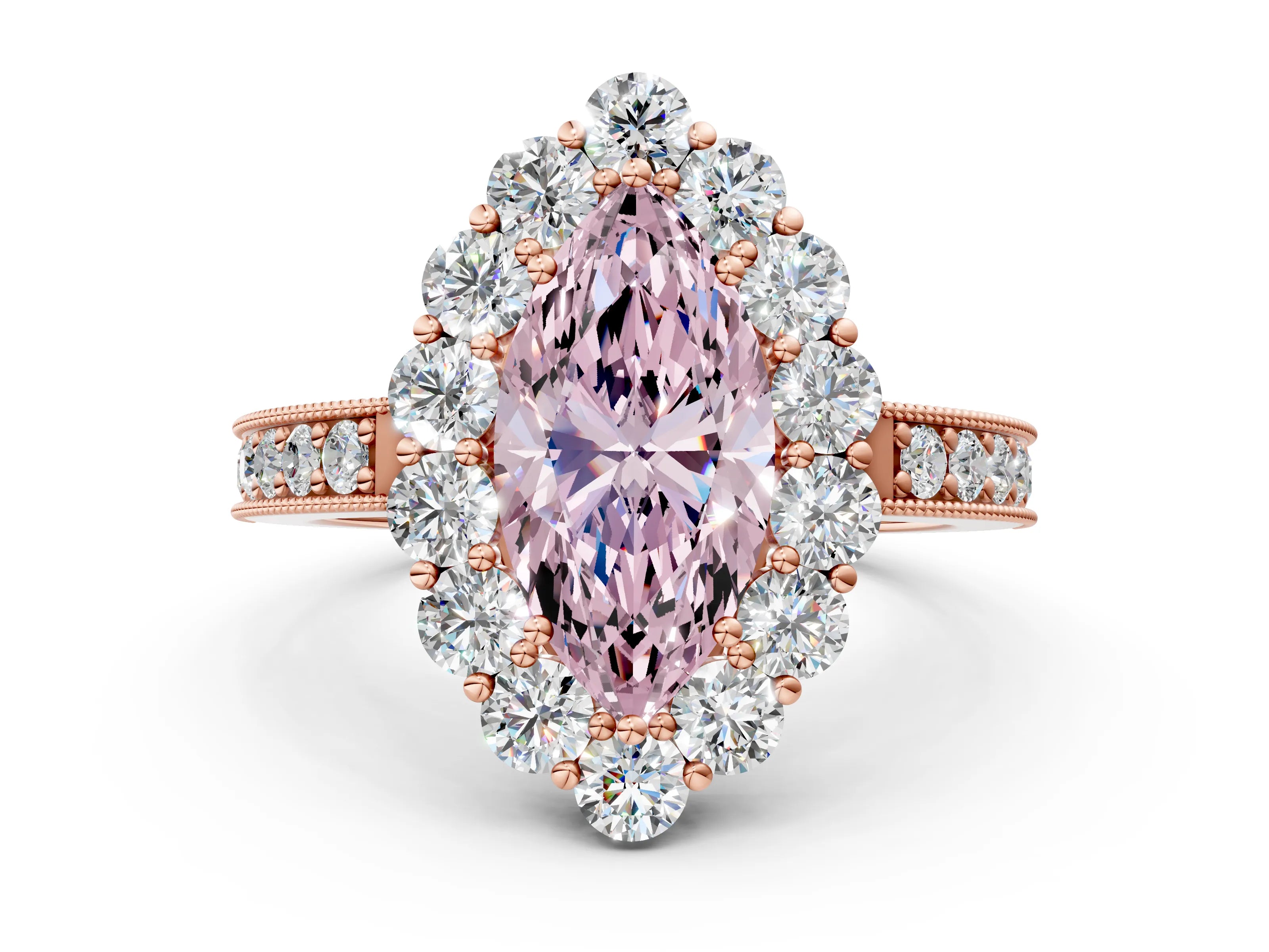 Rose gold Fancy Pink Marquise Cut Cut Halo Diamond Pavé Engagement Ring with Milgrain Detailing_12