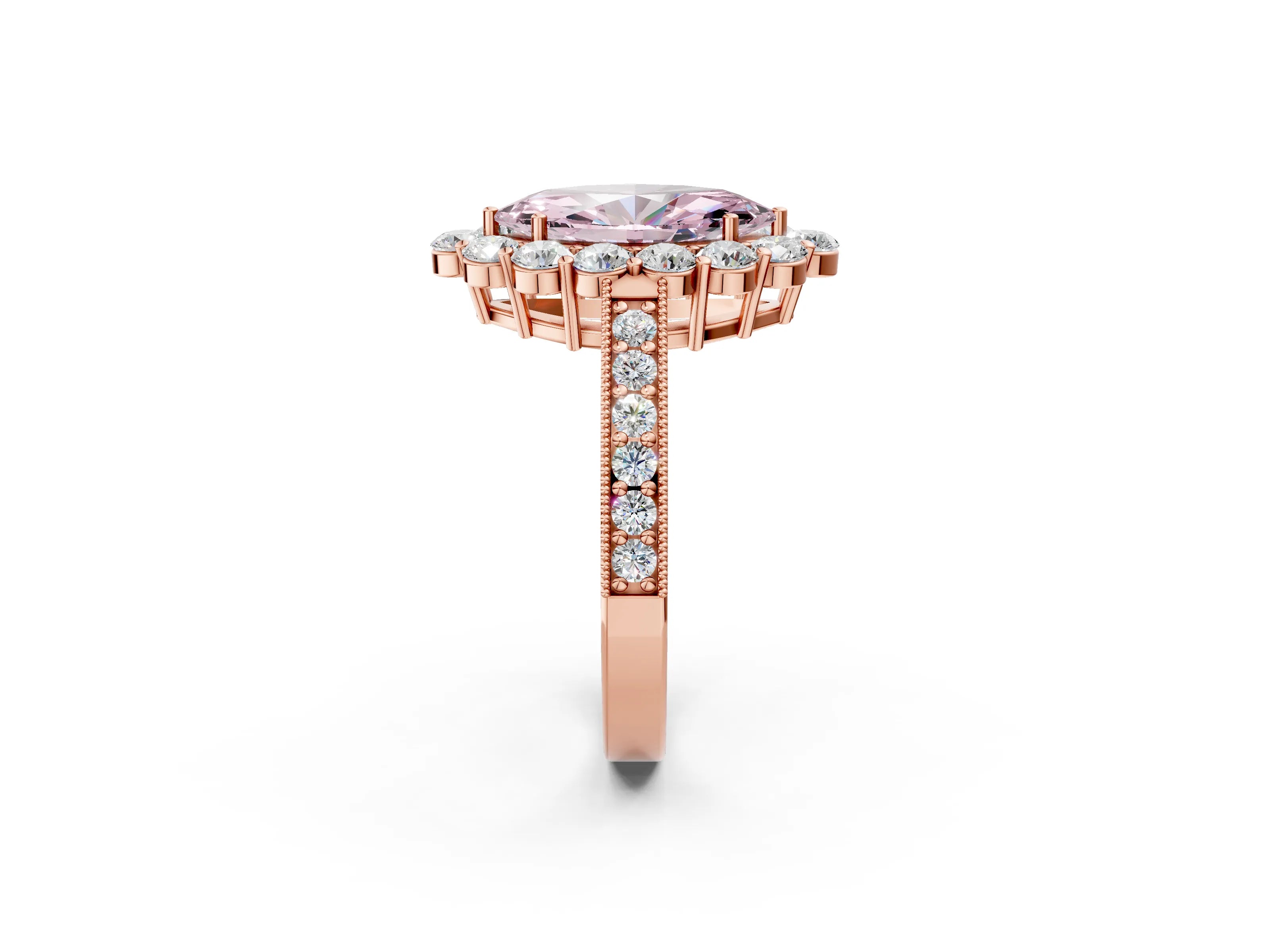 Rose gold Fancy Pink Marquise Cut Cut Halo Diamond Pavé Engagement Ring with Milgrain Detailing_14